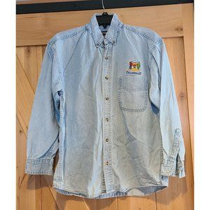 Vtg Womens M OUTRAGEOUS SPORTS Embroidered Blue Denim Button Up Delaware Flag